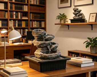 Stacked Rock Tabletop Water Fountain with LED Light, Zen Cascading Waterfall Fountain for Home Office, Relaxation Meditation Decor Gift