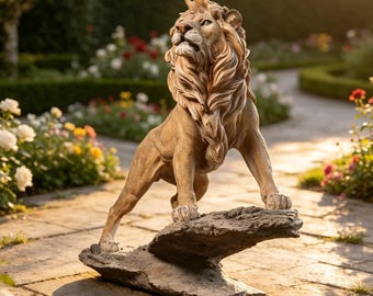 Majestic Lion Figurine on Rock Base, 18.9in Resin Sculpture, Indoor/Outdoor Lion Statue for Garden Patio, Office, Home Accent, Unique Gift