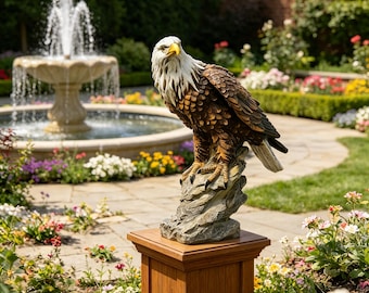 American Bald Eagle Statue, Resin Eagle Figurine, Majestic Eagle on Rock Sculpture, Patriotic Home & Garden Decor, Gift for Bird Lovers