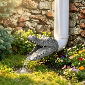 May include: A gray, textured alligator head downspout extension attached to a white vertical gutter pipe. The alligator mouth is open, with water flowing out from the throat into a small puddle on the grass below the garden feature.