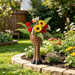 May include: A whimsical giraffe-shaped flower vase, filled with red roses, yellow sunflowers, and green ferns. The vase has a brown and tan giraffe pattern and black feet. The arrangement is set in a garden bed with various colorful flowers.