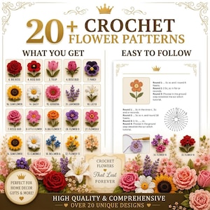 以下が含まれることがあります： 20+ Crochet Flower Patternsと題されたデジタルガイド。バラ、ヒマワリ、デイジーなど、様々なカラフルなクロッシェ編みの花がグリッド状に並んでいます。ステップバイステップの指示、編み図、およびCrochet Flowers That Last Foreverというテキストが含まれています。