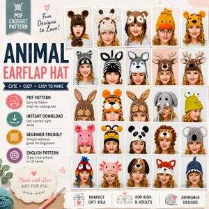 Puede incluir: Una colección de veinticinco gorros de ganchillo con orejeras de animales en una cuadrícula, incluyendo diseños como jirafa, cebra, elefante y panda. El texto dice PDF CROCHET PATTERN ANIMAL EARFLAP HAT, CUTE COZY EASY TO MAKE y Made with Love.