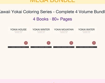 Paquete de libros para colorear Kawaii Yokai / 4 volúmenes, 80 páginas de espíritus del folclore japonés / Kappa Tengu Yuki Onna / PDF de atención plena para adultos