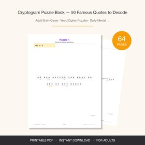 May include: A white Cryptogram Puzzle Book with the text "Cryptogram Puzzle Book - 50 Famous Quotes to Decode". The book has 64 pages and is designed for adults. The book includes word cipher puzzles and daily mental exercises.