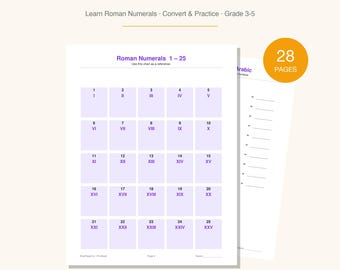Cuaderno de ejercicios de números romanos en PDF / Aprende a convertir I V X L C D M / Matemáticas de 3.º a 5.º grado / Hojas de trabajo imprimibles / Descarga instantánea para educación en casa