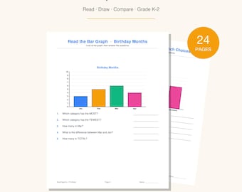 Cuaderno de ejercicios de gráficos de barras en PDF / Leer, dibujar, comparar datos / Matemáticas para preescolar, 1.º y 2.º grado / Hojas de trabajo imprimibles / Descarga instantánea