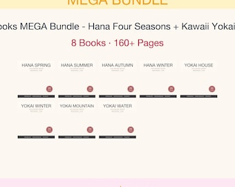 Paquete gigante de libros para colorear japoneses / 8 libros, 160 páginas / Hana Kimono Girl: Las Cuatro Estaciones + Kawaii Yokai / PDF para adultos sobre atención plena