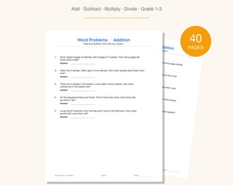 Cuaderno de problemas matemáticos en PDF / Suma, resta, multiplicación y división / Problemas de texto para 1.º, 2.º y 3.º grado / Hojas de trabajo imprimibles /