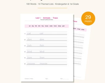 Cuaderno de ortografía en PDF / 100 palabras, 10 listas / Práctica de ortografía para preescolar y primer grado / Hojas de trabajo imprimibles / Descarga instantánea