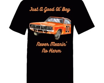 May include: Black t-shirt with an orange Dodge Charger car and the text "Just A Good Ol' Boy Never Meanin' No Harm".