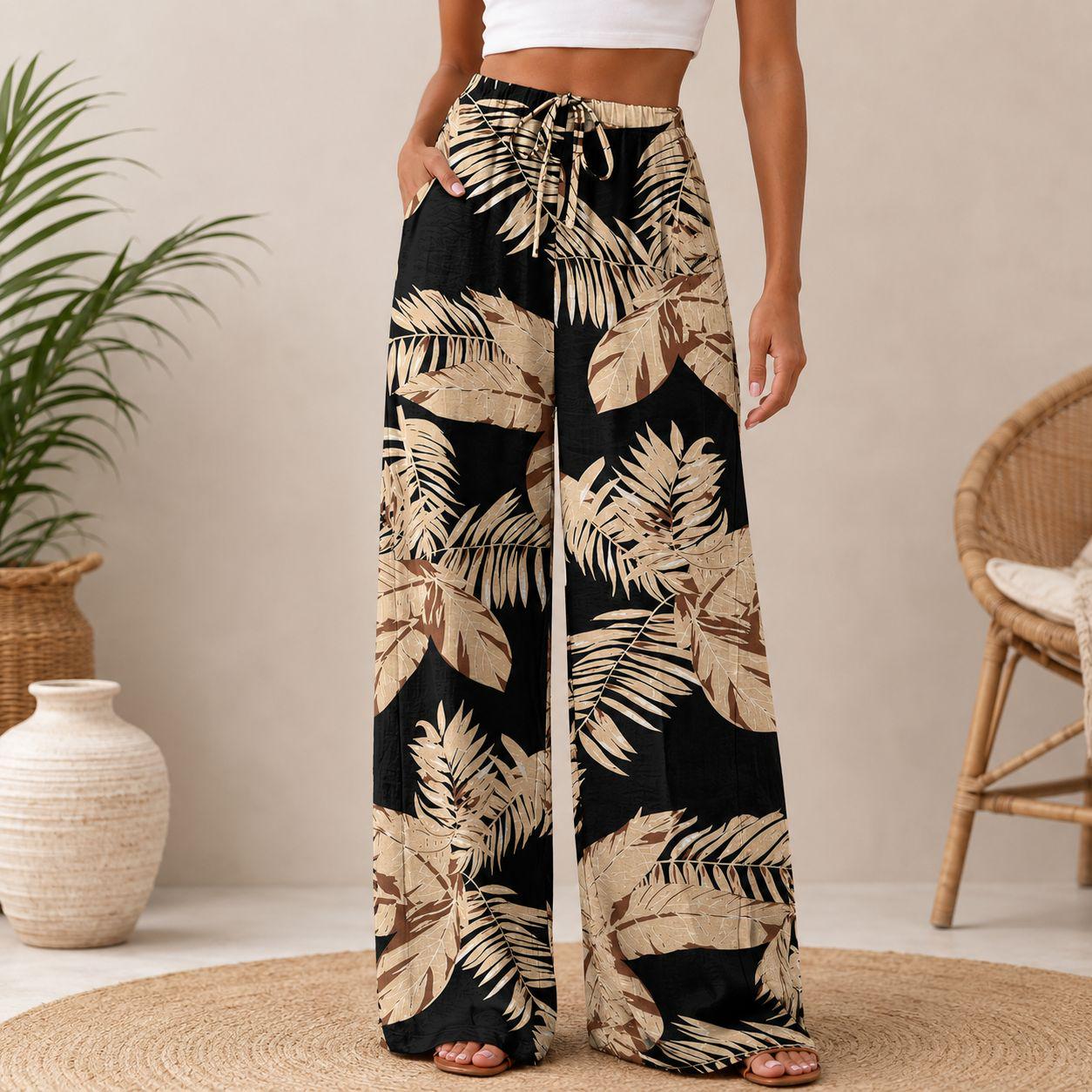 Women's Printed Palazzo Pants, Flowy Bohemian Trousers with Drawstring Waist, Beach Resort Casual Summer Pants