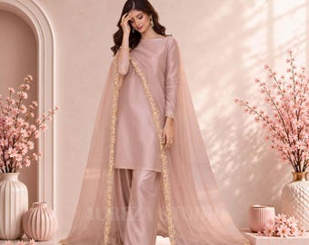 Conjunto Farshi Shalwar Kameez, vestido de invitada de boda india pakistaní, kurta de seda lisa con dupatta de red, ropa para fiesta de Eid
