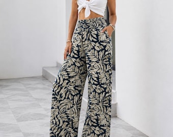 Women Wide Leg Palazzo Pants High Rise Elastic Waist Trousers Summer Casual Loose Fit Pants with Pocket