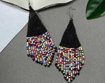 Color Seed Bead Boho Long Fringe Earrings Handmade Beaded Dangle Jewelry for Women Gift