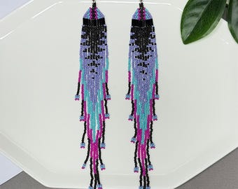 Handmade Beaded Earrings Bohemian Extra-Long Fringe Jewelry Seed Bead Dangle Hook Earrings