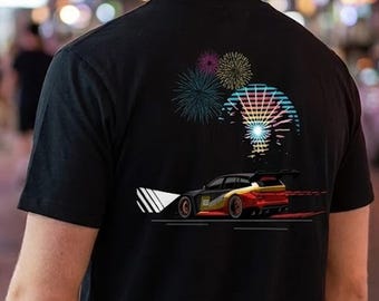 Retro Racing Car Shirt, Two Sided Graphic Tee, Synthwave Motorsport T-Shirt, Vintage Auto Enthusiast Gift, Race Fan Tee