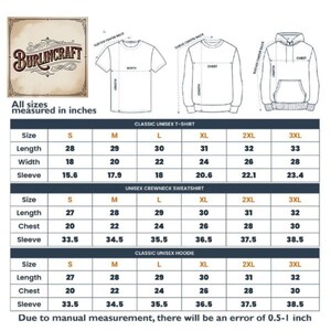 May include: A sizing chart for Burlincraft apparel featuring line drawings of a t-shirt, sweatshirt, and hoodie. The table displays measurements in inches for sizes S through 3XL, including length, width, chest, and sleeve dimensions for each garment.