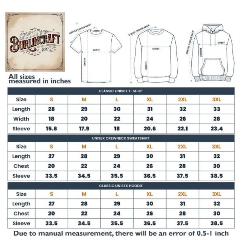 May include: A sizing chart for Burlincraft apparel featuring line drawings of a t-shirt, sweatshirt, and hoodie. The table displays measurements in inches for sizes S through 3XL, including length, width, chest, and sleeve dimensions for each garment.