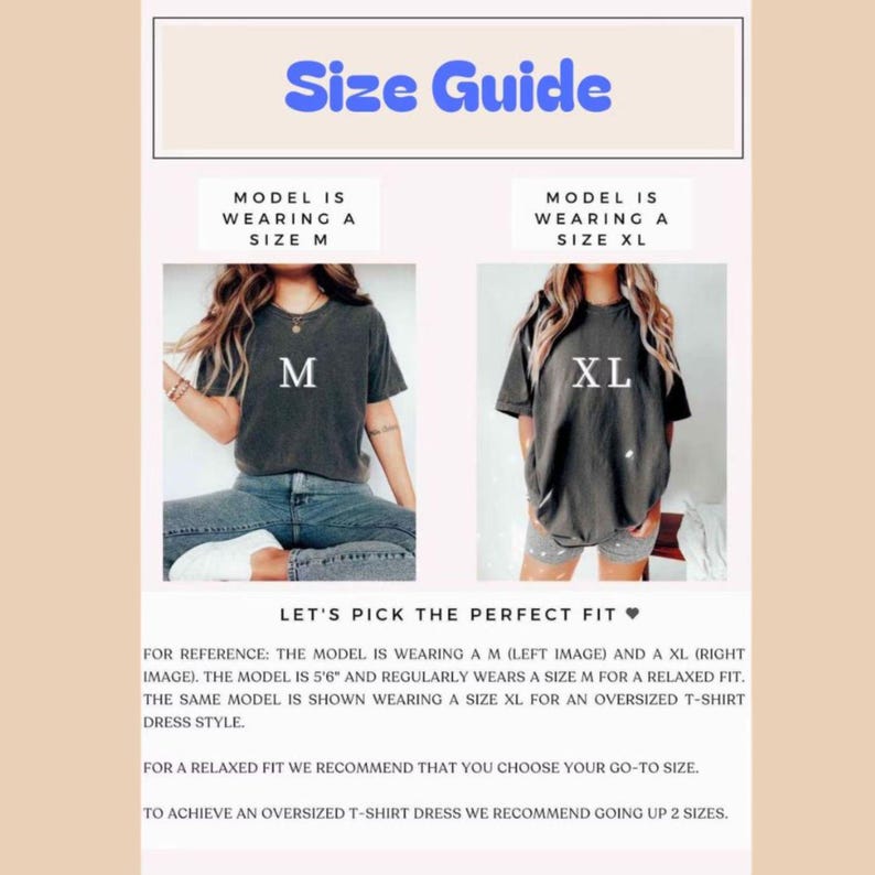 May include: A size guide chart featuring two images of a charcoal gray t-shirt. The left image shows a size M, and the right image shows a size XL. Text includes Size Guide, Model is wearing a size M, Model is wearing a size XL, and sizing advice.