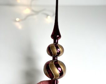Vintage Glass Christmas Tree Topper Maroon red and Gold Swirl Glitter Finial Holiday Decoration