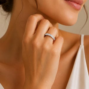 White Gold Diamond Band Ring, Curved Pavé Wedding , Stackable Bridal Ring Gift for Her