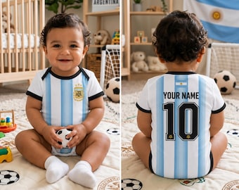 Gepersonaliseerde babyromper voetbal Argentinië, voetbaloutfit aangepast naamnummer
