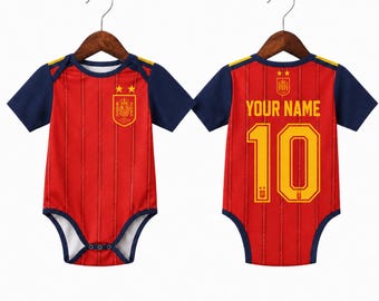 Personalisierte Spanien Fußball Baby Bodysuit, benutzerdefinierte Name Anzahl Fußball Outfit