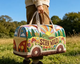 Bolsa de lona acolchada personalizada, furgoneta hippie, bolsa de fin de semana floral arcoíris, viaje por carretera bohemio