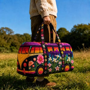 Bolsa de lona acolchada personalizada, bolsa de viaje retro para furgoneta camper, equipaje de mano para viajes por carretera estilo bohemio.