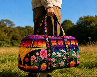 Custom Quilted Duffel Bag, Retro Camper Van Travel Weekender, Boho Road Trip Carry On