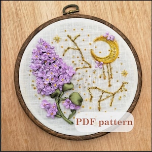 Purple Lilac Branch Pattern with Moon Phase Decor: Printable Silk Ribbon Embroidery Guide | Constellation Embroidery Design with Beads