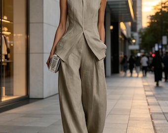 Slim-fit ärmlös, knäppt kostym med vida ben, ett mångsidigt och snyggt tvådelat set