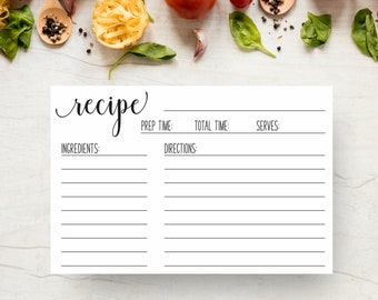 May include: A printable recipe card with blank lines for ingredients, directions, prep time, total time, and servings. The card has a simple design with the word "recipe" written in cursive at the top.