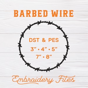 Könnte beinhalten: Stacheldraht-Stickmuster in Schwarz auf weißem Holzgrund. Das Design ist in den Formaten DST und PES und in den Größen 3", 4", 5", 7" und 8" erhältlich.