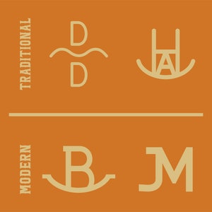 K&ouml;nnte beinhalten: Eine grafische Design-Illustration, die traditionelle und moderne Buchstabenlogos vergleicht. Die traditionellen Logos sind "DD" und "HA" und die modernen Logos sind "B" und "JM".