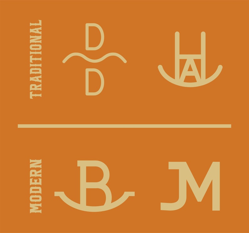 K&ouml;nnte beinhalten: Eine grafische Design-Illustration, die traditionelle und moderne Buchstabenlogos vergleicht. Die traditionellen Logos sind "DD" und "HA" und die modernen Logos sind "B" und "JM".