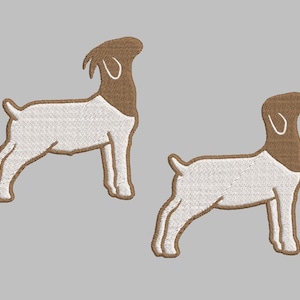 May include: Two embroidered goat designs. The goats are in profile, with brown heads and necks, and white bodies. The embroidery has a textured appearance, and the background is a solid gray.