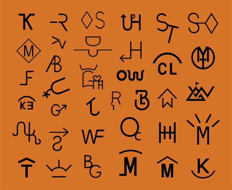 K&ouml;nnte beinhalten: Eine Sammlung von 36 schwarzen und wei&szlig;en Marken oder Logos. Die Marken sind in verschiedenen Formen und Designs, darunter Buchstaben, Zahlen, Pfeile und geometrische Formen. Die Marken befinden sich auf einem einfarbigen orangefarbenen Hintergrund.