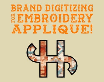 Könnte beinhalten: Orangener Text auf beigefarbenem Hintergrund lautet "Brand Digitizing for Embroidery Applique!" mit einem stilisierten "H" in der Mitte des Bildes. Das "H" besteht aus einem sich wiederholenden geometrischen Muster in Orange-, Braun- und Blautönen.