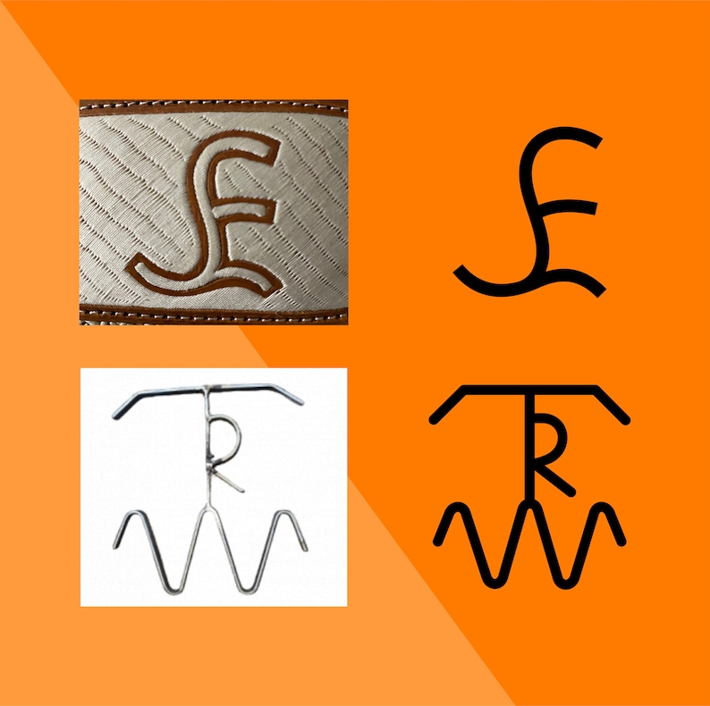 May include: A close-up of a white leather belt with a brown leather buckle. The buckle has a silver metal design with the letter "F" in the center. The belt is shown next to a black and white illustration of a similar design. The illustration is of a stylized "F" with a wavy line underneath. The belt is also shown next to a silver metal hook with a "T" and "R" design. The hook is shown next to a black and white illustration of a similar design. The illustration is of a stylized "T" and "R" with a wavy line underneath.