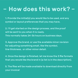May include: A turquoise background with white text explaining the process of creating a brand. The text outlines five steps: providing initials and preferences, design process, approval, file format selection, and file download.
