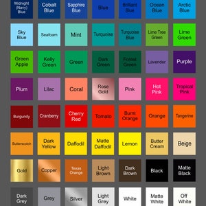 May include: A color chart with 48 different color swatches. The colors are arranged in rows and columns, with each color labeled with its name. The colors include blues, greens, reds, oranges, yellows, browns, grays, and whites.