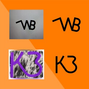 May include: A close-up of two different versions of the letters "WB" and "K3". The first version of "WB" is a digital image, while the second version is a black outline. The first version of "K3" is a purple embroidered patch on a white and black cowhide background, while the second version is a black outline.