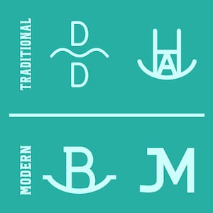 May include: A graphic design illustration showing four different ways to combine letters into a logo. The top left logo is a traditional style with the letter "D" repeated twice with a wavy line between the letters. The top right logo is a traditional style with the letters "H" and "A" combined with a curved line underneath. The bottom left logo is a modern style with the letter "B" inside a curved line. The bottom right logo is a modern style with the letters "J" and "M" combined.