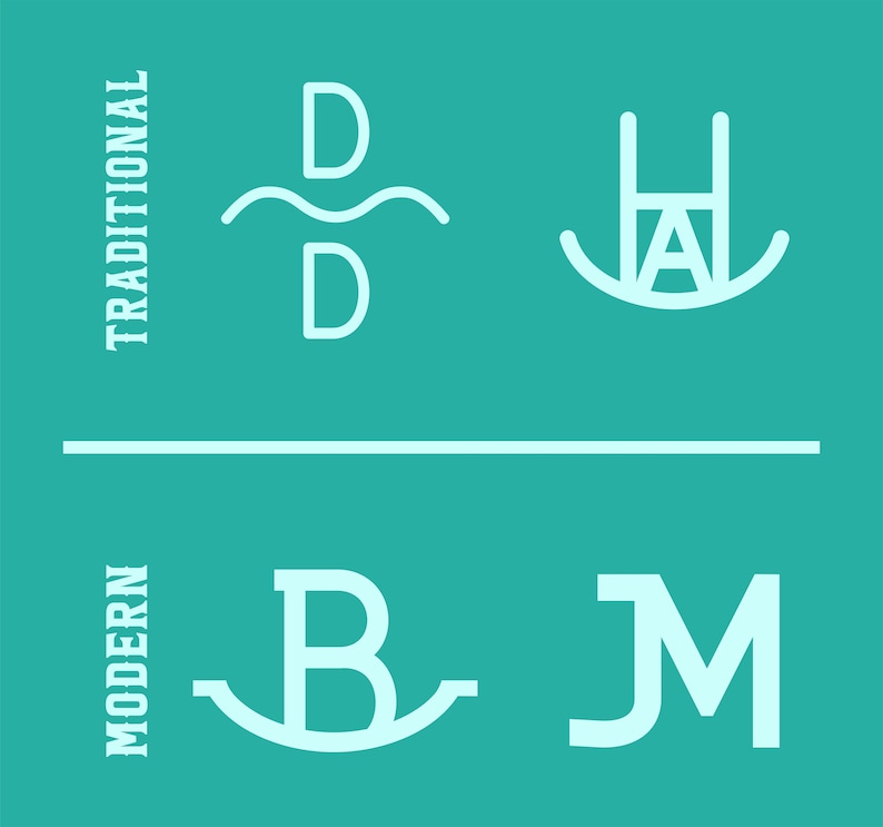 May include: A graphic design illustration showing four different ways to combine letters into a logo. The top left logo is a traditional style with the letter "D" repeated twice with a wavy line between the letters. The top right logo is a traditional style with the letters "H" and "A" combined with a curved line underneath. The bottom left logo is a modern style with the letter "B" inside a curved line. The bottom right logo is a modern style with the letters "J" and "M" combined.