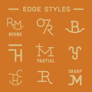 K&ouml;nnte beinhalten: Eine grafische Illustration, die verschiedene Kantenstile f&uuml;r Buchstaben zeigt. Die Stile sind mit "Rund", "Partiell" und "Scharf" beschriftet.