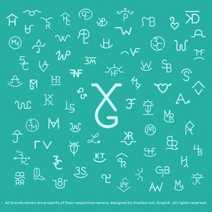 May include: A teal background with white outlines of various brand logos and symbols. The logos are arranged in a random pattern. The logos include letters, numbers, and symbols. The text at the bottom of the image reads "All brands shown are property of their respective owners, designed by Xcalibur Ink. GraphX. All rights reserved."
