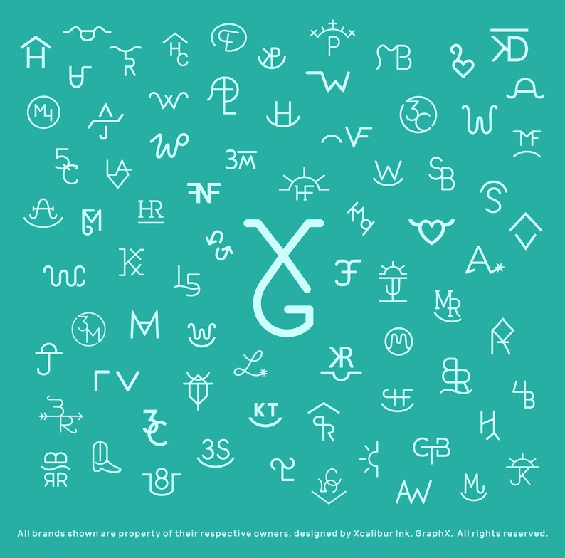 May include: A teal background with white outlines of various brand logos and symbols. The logos are arranged in a random pattern. The logos include letters, numbers, and symbols. The text at the bottom of the image reads "All brands shown are property of their respective owners, designed by Xcalibur Ink. GraphX. All rights reserved."