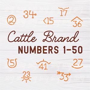 PNG & PDF Files | Cattle Brand Numbers Bundle, Cattle Brand Clipart Set, Livestock Brand Numbers, Printable Cattle Brand Clipart 1-50